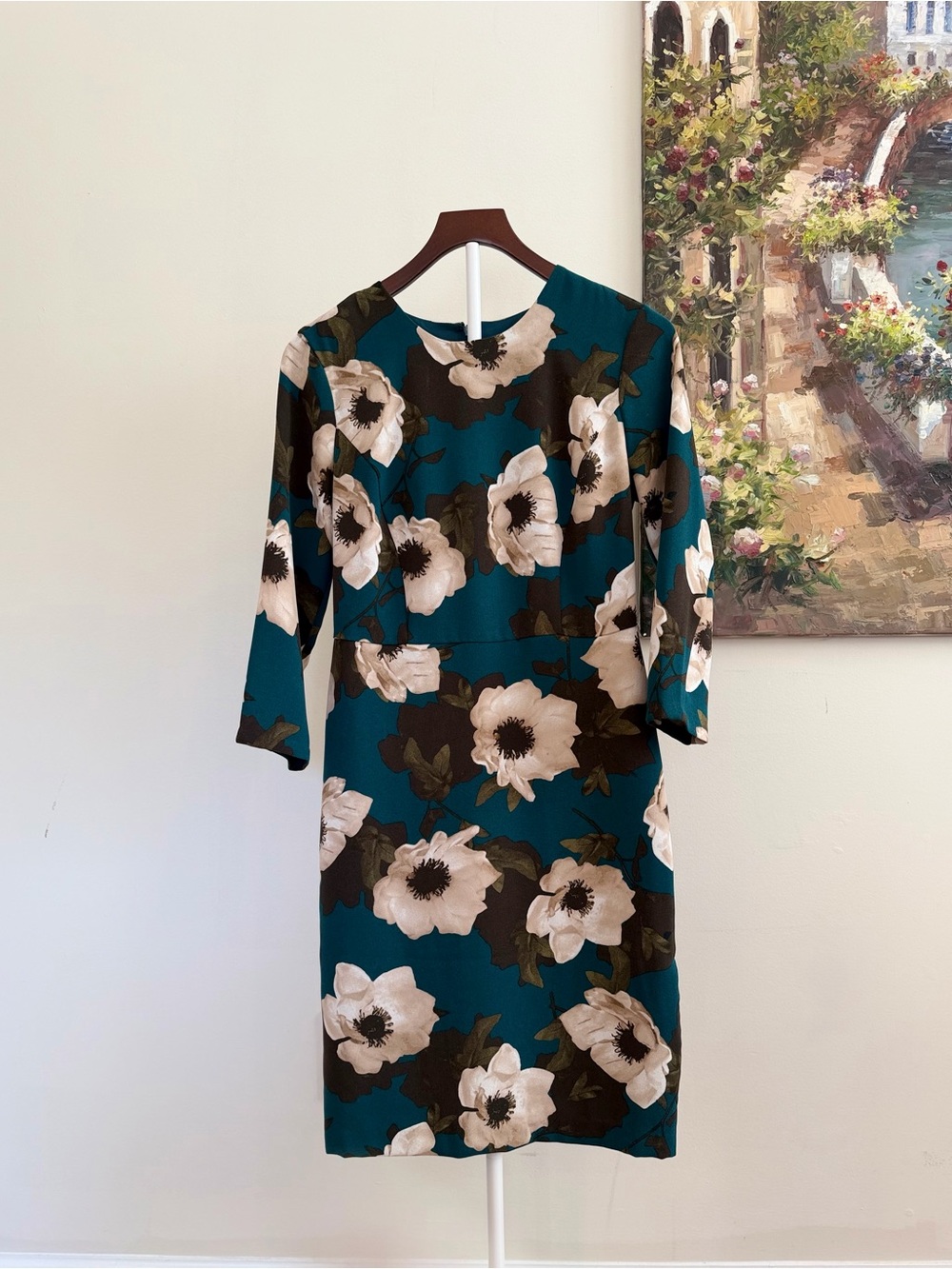Banana Republic Teal Magnolia Floral Midi Sheath Dress Summer Office Brunch SZ 2